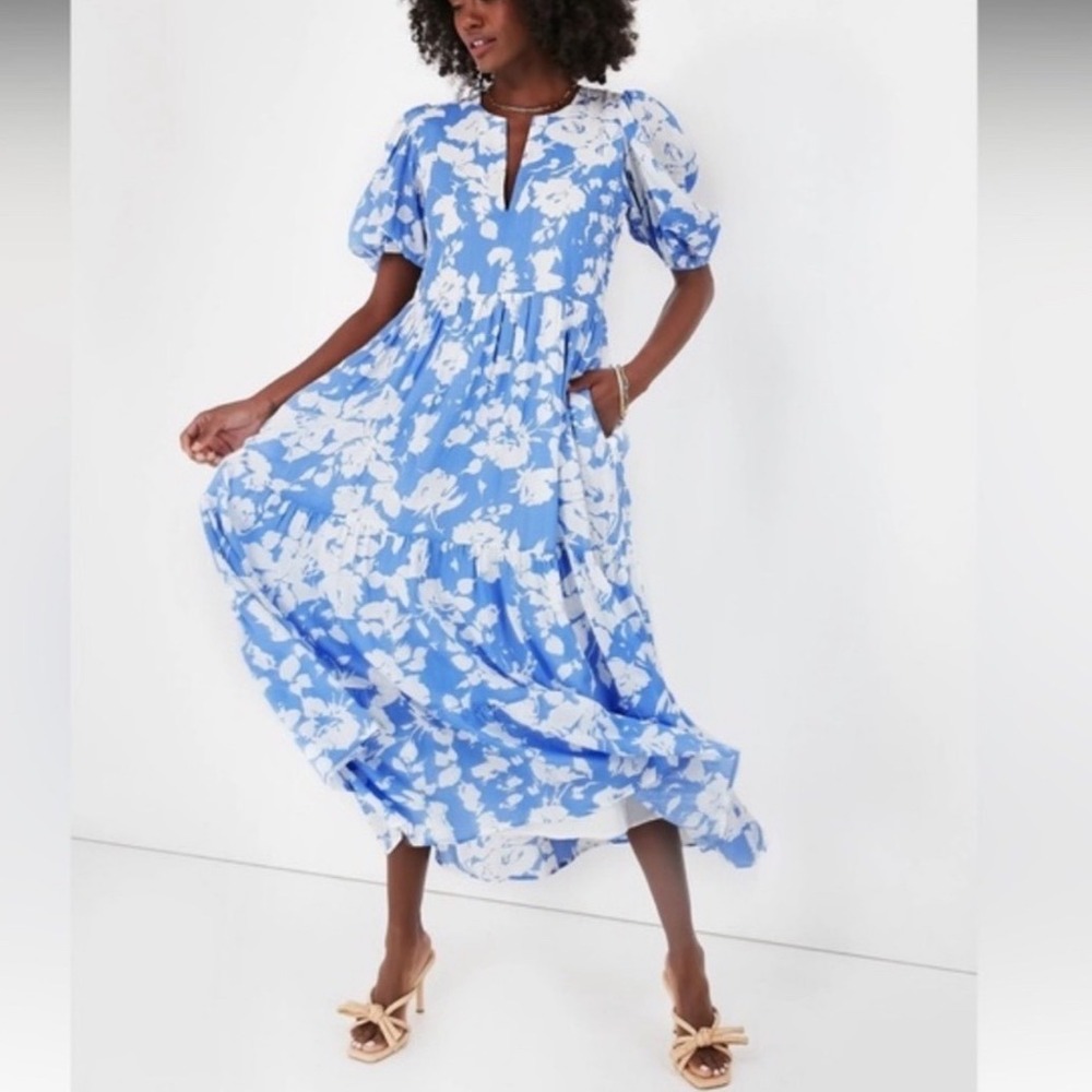 NEW Tuckernuck Hyacinth House Blue White Floral Puff Sleeve Maxi Dress XXS